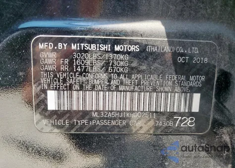 2019 Mitsubishi Mirage Le из США, поврежденный, VIN ML32A5HJ1KH002511